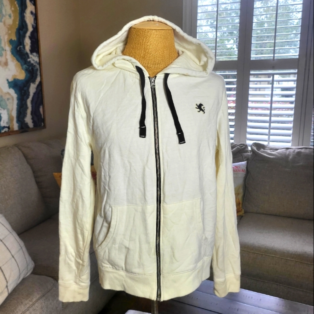 Express Mens Light Cream Fleece Small Lion Zip Up Hoodie